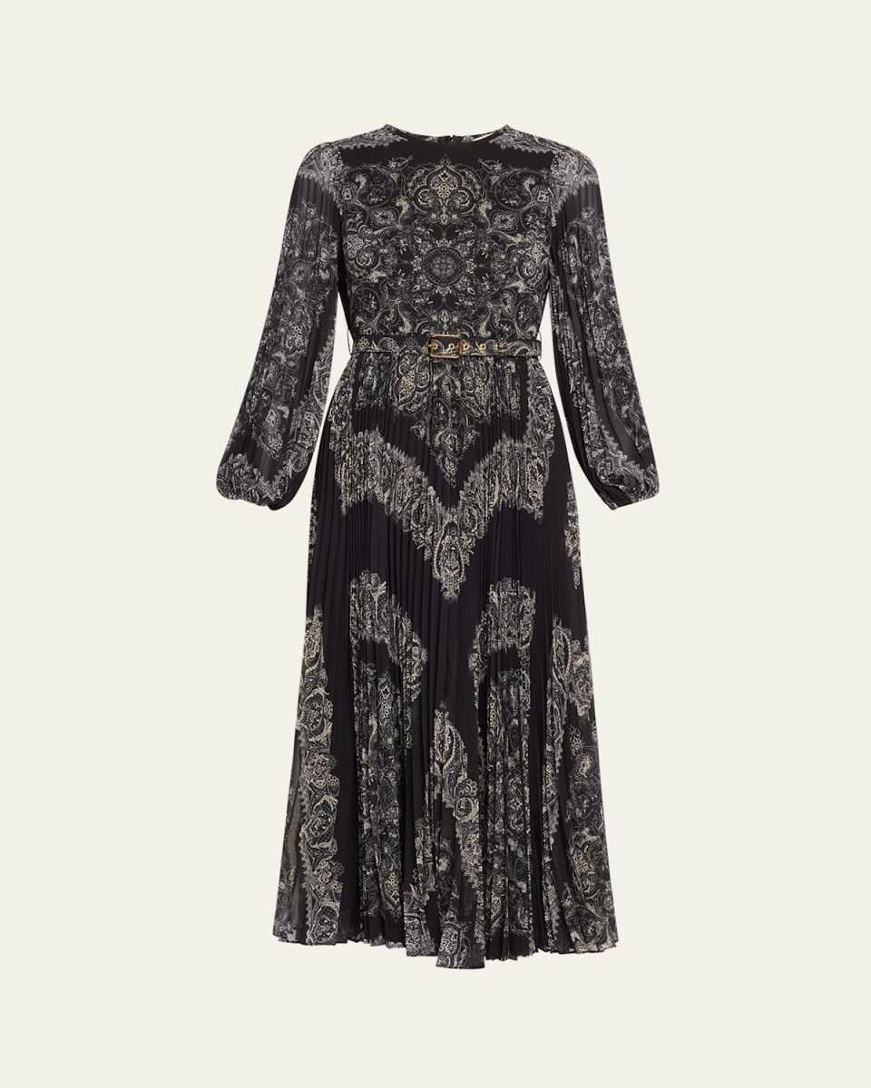 Sunray Long-Sleeve Pleated Midi Dress With Belt