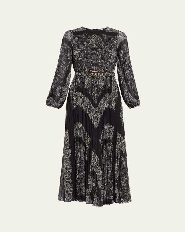 Sunray Long-Sleeve Pleated Midi Dress With Belt