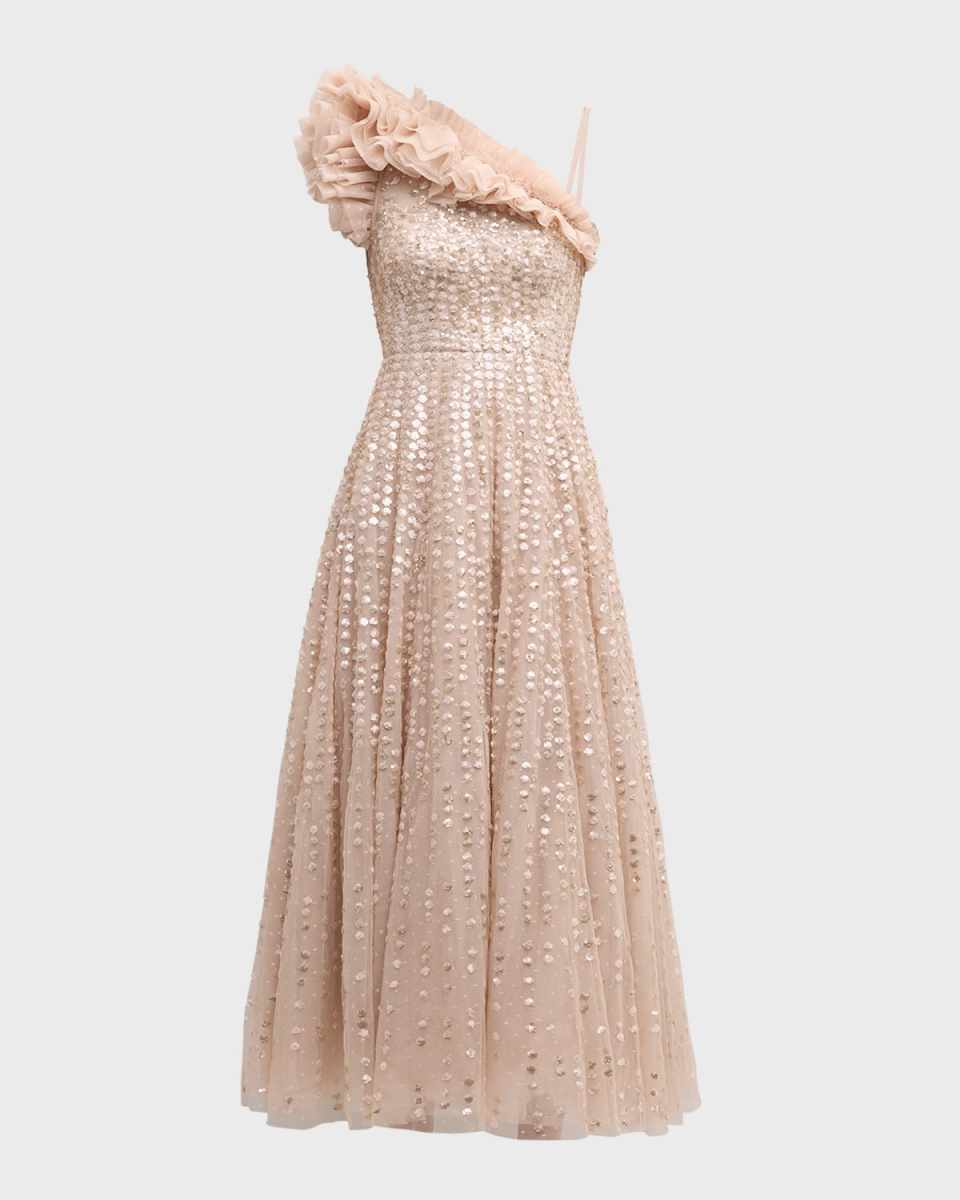 Raindrop One-Shoulder Sequin Ruffle Tulle Gown