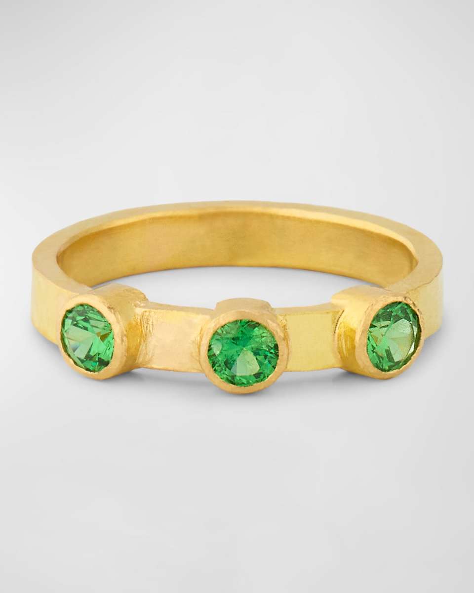 19K Yellow Gold 3 Green Tsavorite Flat Ribbon Stack Ring, Size 6.5
