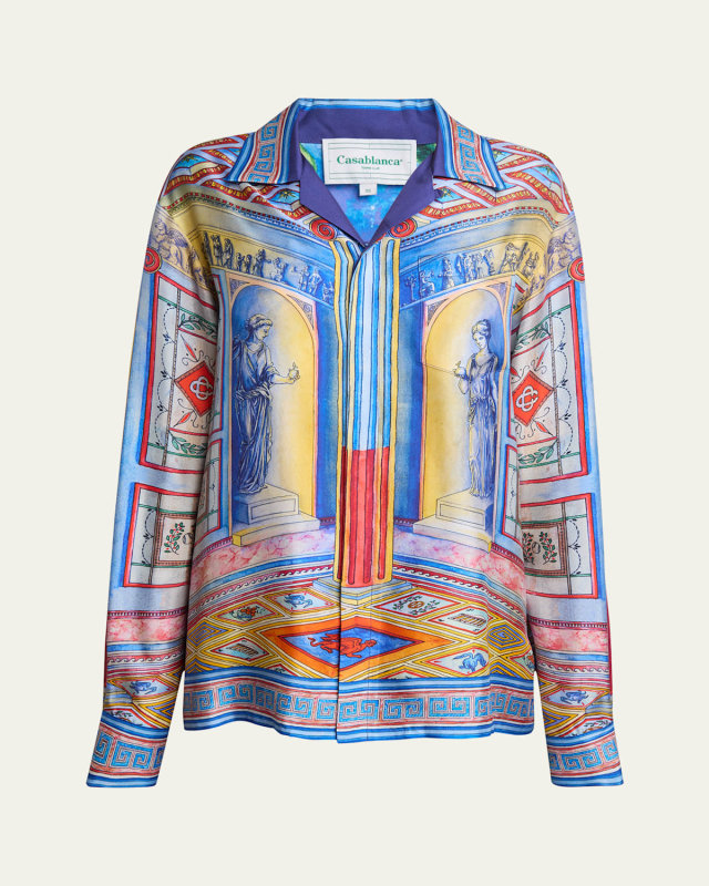 Cuban-Collar Long-Sleeve Printed Silk Shirt