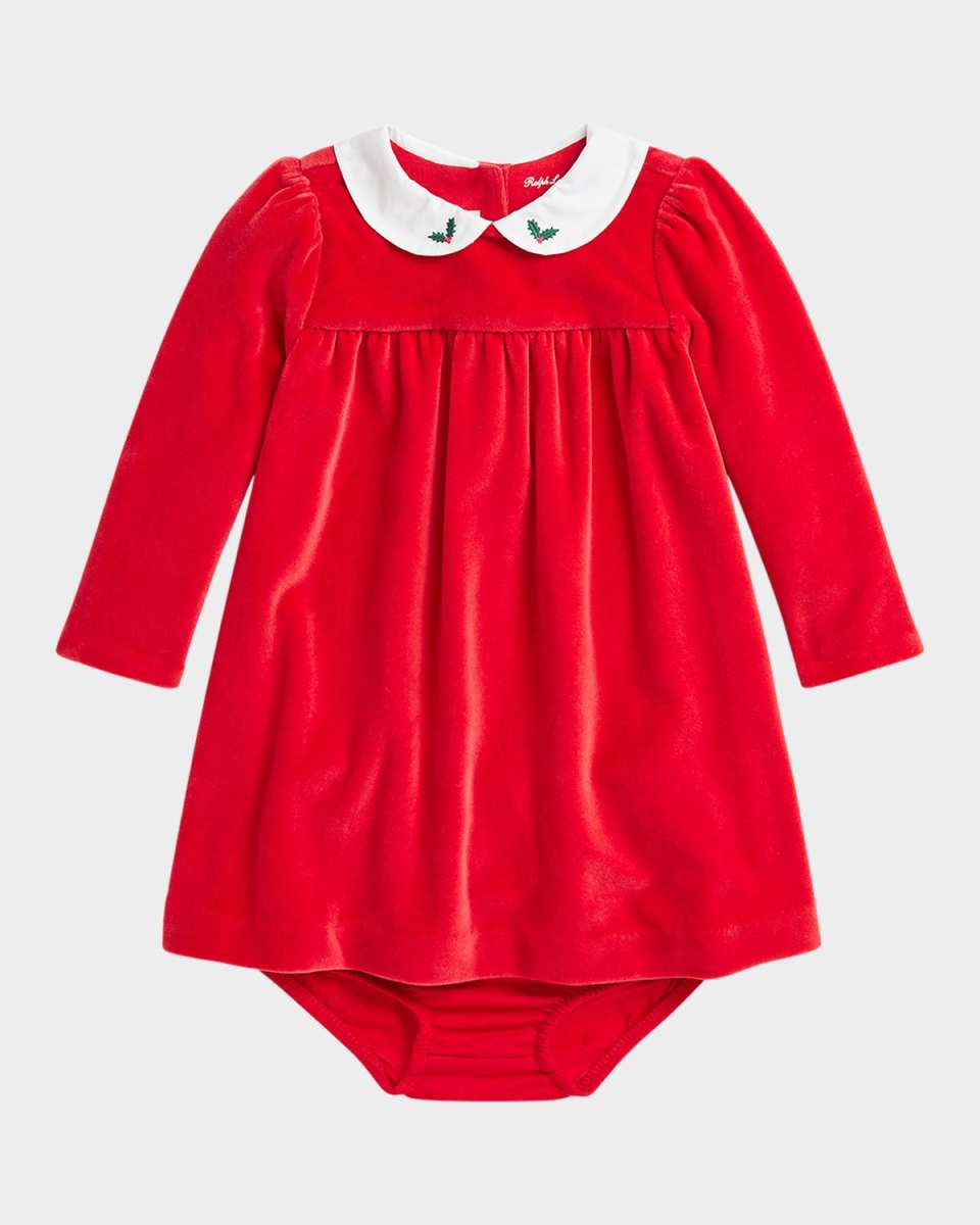 Girl's Velour Embroidered Collared Dress W/ Bloomers, Size 3M-24