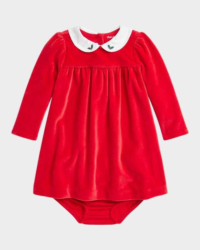 Girl's Velour Embroidered Collared Dress W/ Bloomers, Size 3M-24