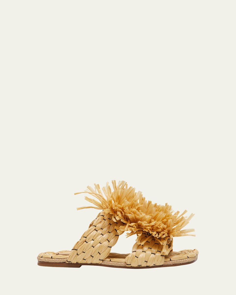 Raffia Fringe Dual-Band Slide Sandals
