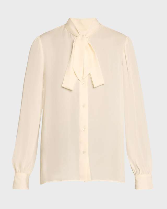 Carina Button-Front Tie-Neck Silk Top