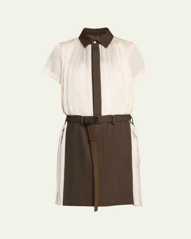 Short Belted Wool Pleated Shirt Dress
