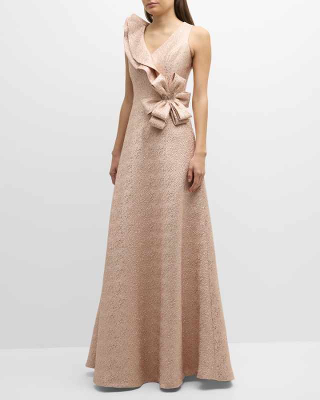 Sleeveless Ruffle Metallic Jacquard Gown