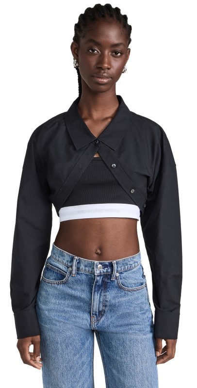 Alexander Wang Tucked Shirt Bolero and Logo Elastic Top Black