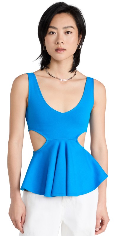 GOEN. J Cut-Out Ruffled Cotton Jersey Tank Top Blue