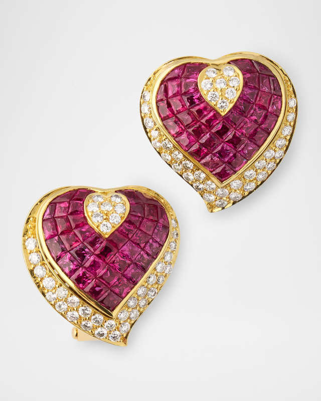 Estate 18K Yellow Gold Pave Diamond and Invisible Set Ruby Heart Earrings