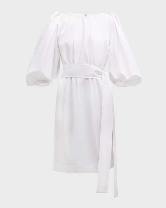 Balloon-Sleeve Belted Cotton Popeline Dress