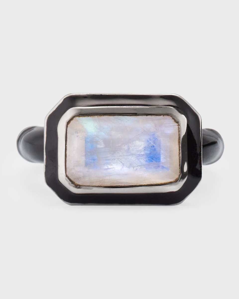 East West Deco Lacquer Solitaire Ring with Rainbow Moonstone