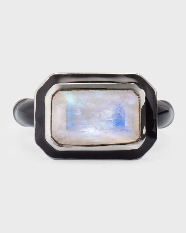 East West Deco Lacquer Solitaire Ring with Rainbow Moonstone