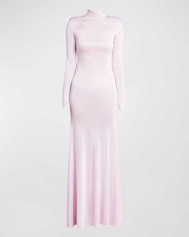 Turtleneck Strong-Shoulder Long-Sleeve Slinky Jersey Maxi Dress