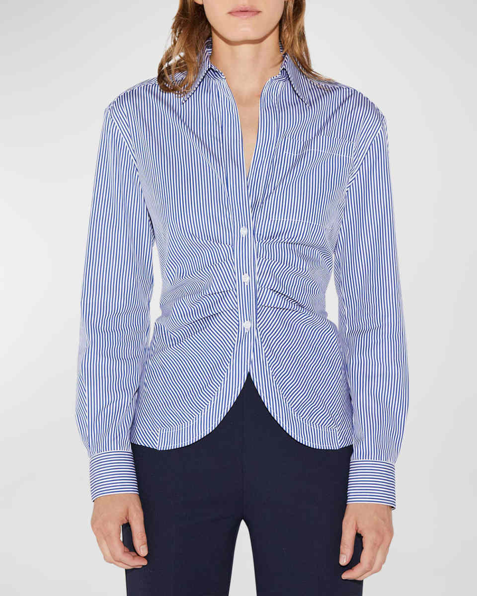 Sierra Striped Ruched Cotton Button-Down Shirt