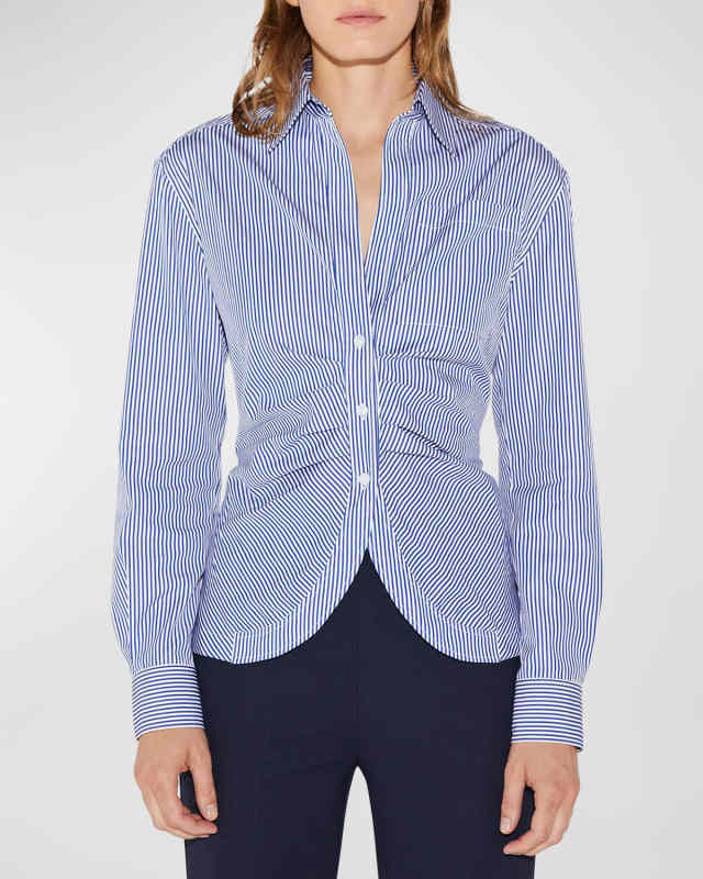 Sierra Striped Ruched Cotton Button-Down Shirt