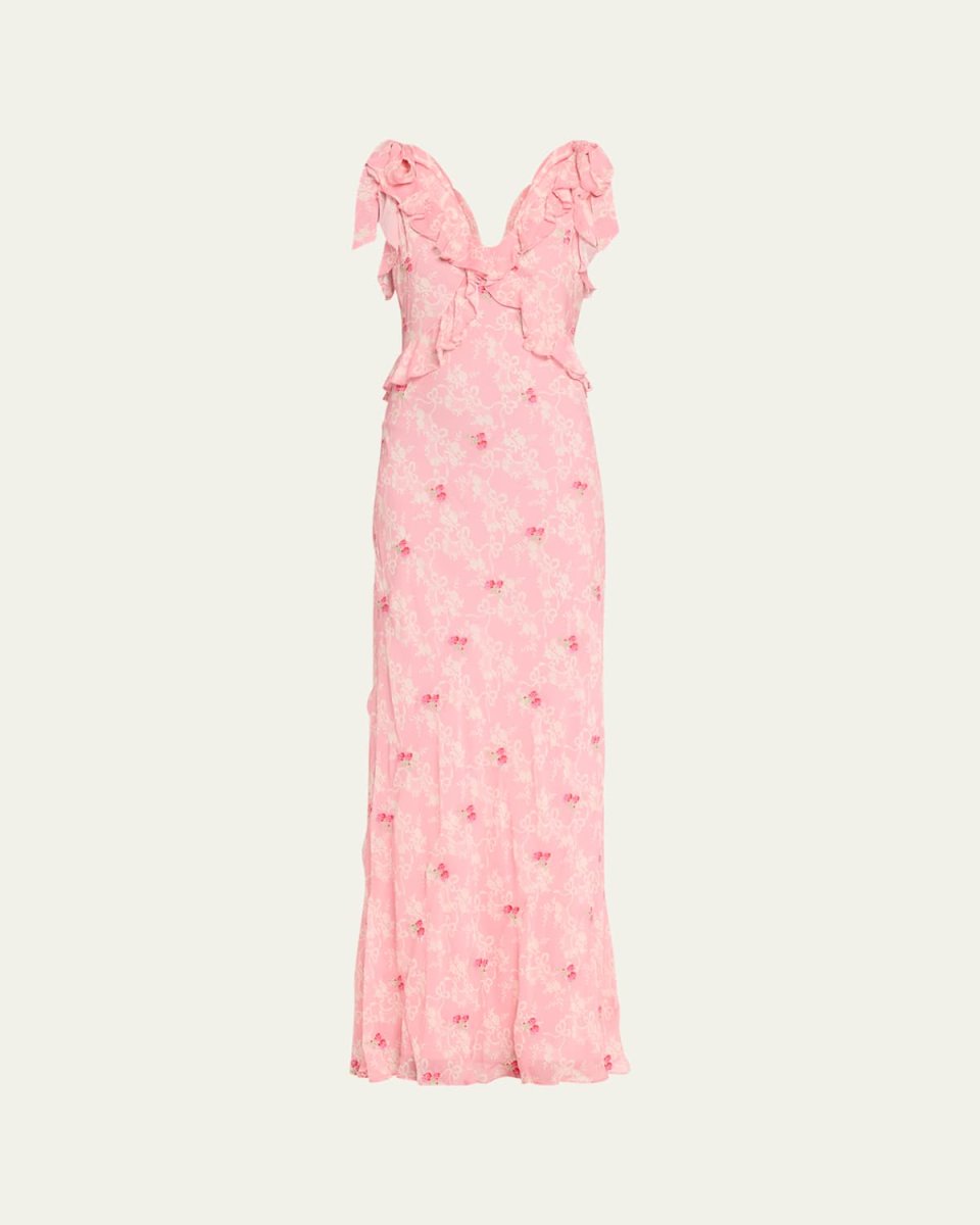 Orcene Ruffled Tie-Shoulder Chiffon Maxi Dress