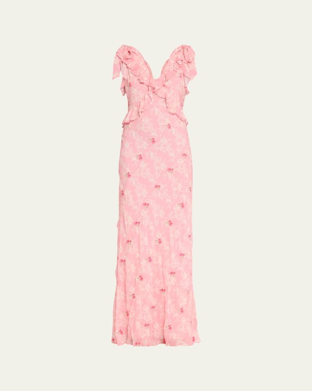 Orcene Ruffled Tie-Shoulder Chiffon Maxi Dress