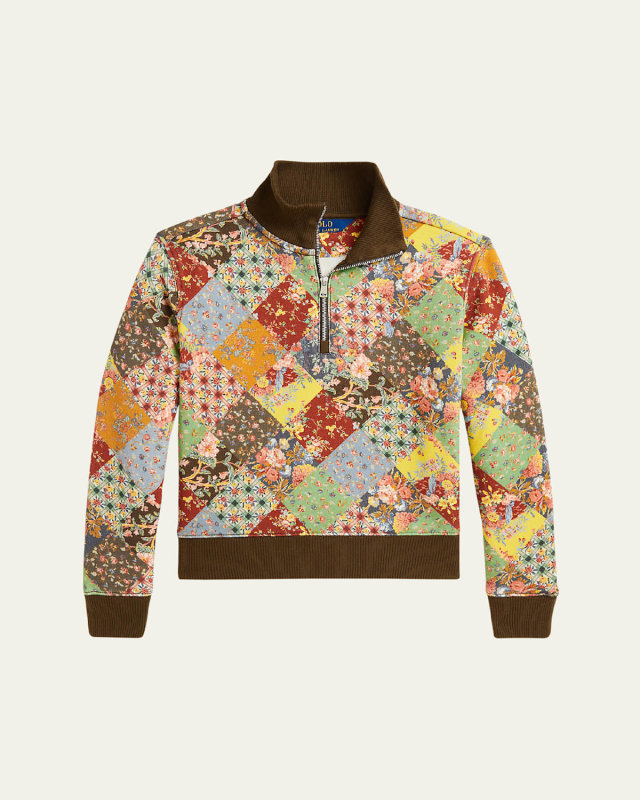 Girl's Multicolor Patchwork Quarter Zip Sweatshirt, Size S-