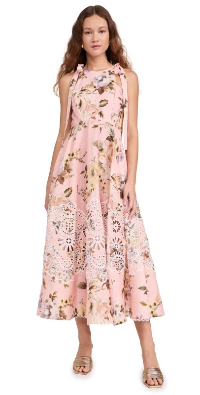 Zimmermann Acacia Broderie Midi Dress Pink Floral