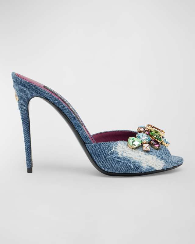 Denim Multicolored Crystal Stiletto Mules