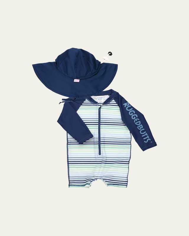 Boy's Coastal Stripe One-Piece Swimsuit and Hat Set, Size 0M-24