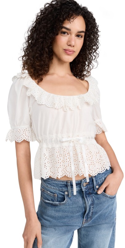 RIXO Elna Top Daisy Embroidery Ivory