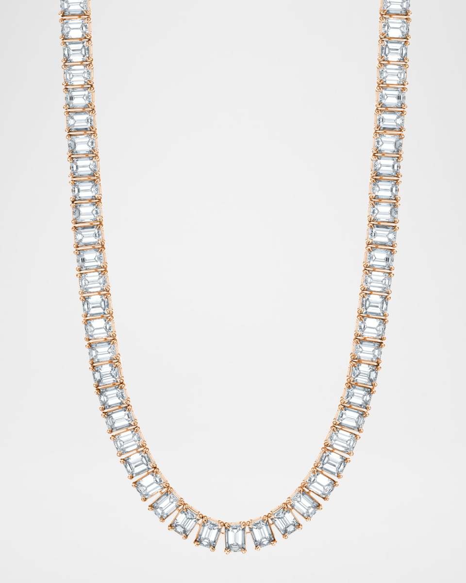 18K Gold North-South Emerald-Cut Prong-Set Diamond Tennis Necklace, 16"L, 42.80tcw