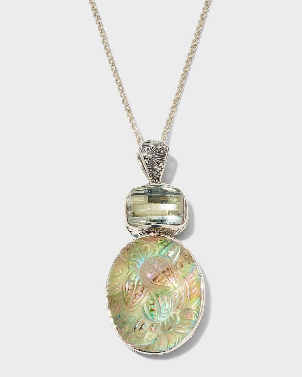 Hand-Carved Natural Quartz and Faceted Green Amethyst Pendant Necklace in Sterling Silver