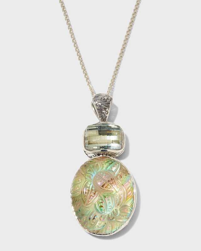 Hand-Carved Natural Quartz and Faceted Green Amethyst Pendant Necklace in Sterling Silver