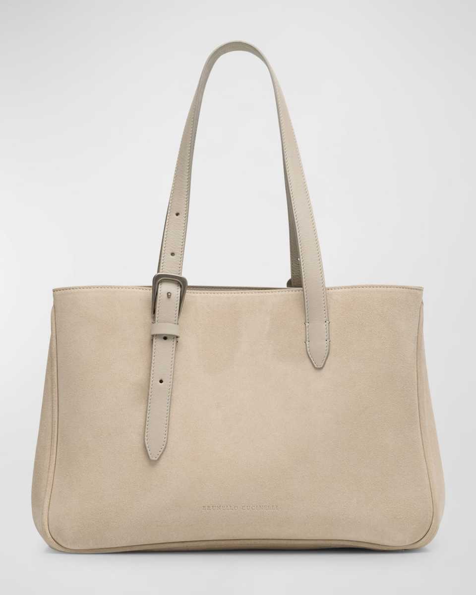 East-West Belt Velour Leather Tote Bag