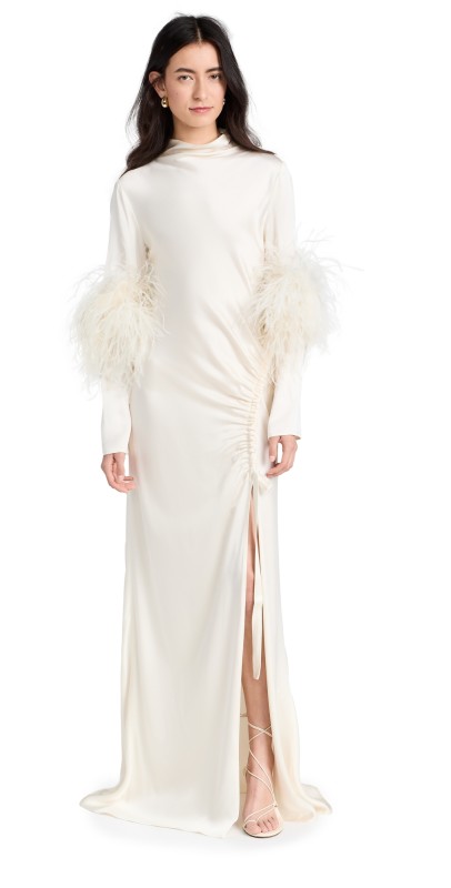 LAPOINTE Satin Bias Feather Tab Gown Cream