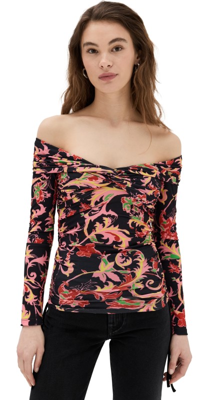 Prabal Gurung Twist Front Offhoulder Ruched Top Black Multi