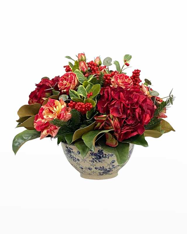 Faux Rose Berry Floral Arrangement in Bowl