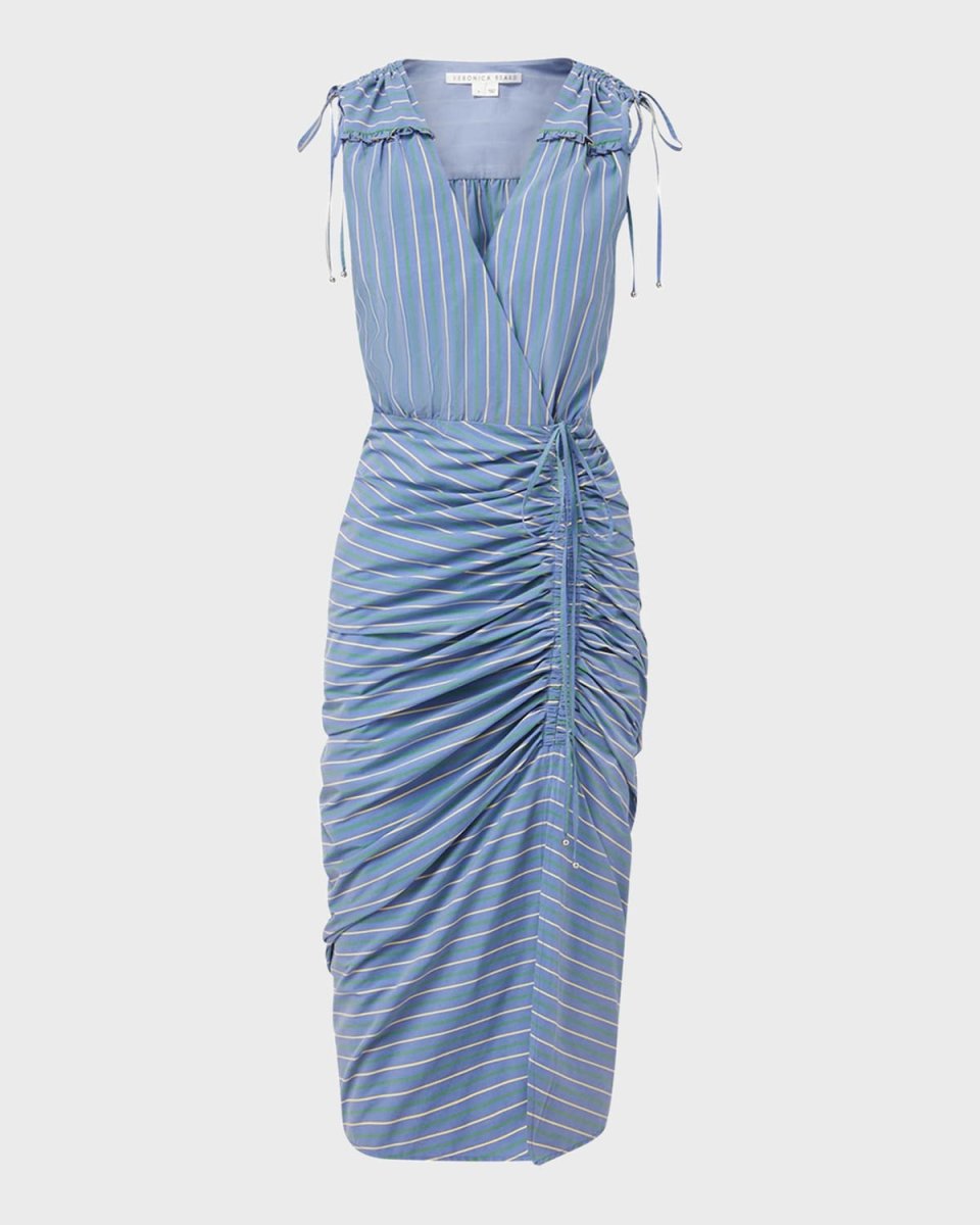 Teagan Stripe Ruched V-Neck Midi Dress