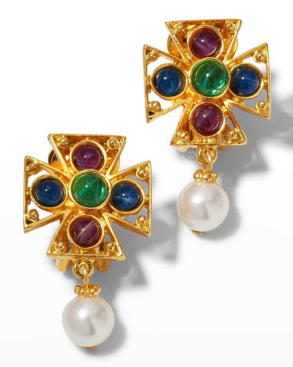 Multi-Stone Pearly Drop Gold Clip-On Earrings