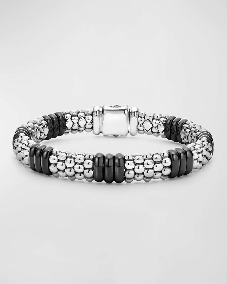Sterling Silver 18K Black Caviar Station Bracelet, 9mm