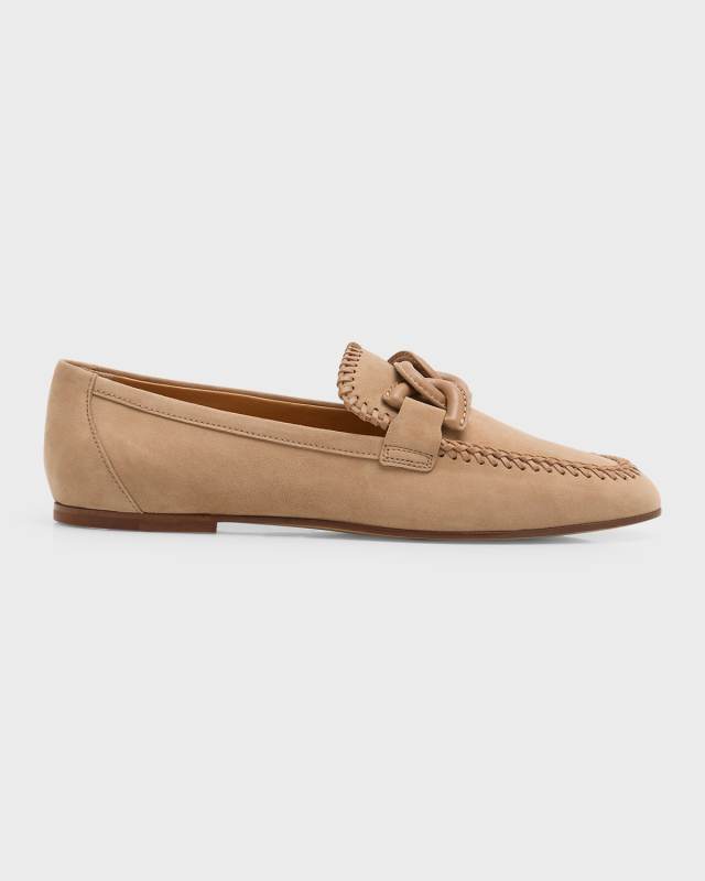 Suede Whipstitch Chain Slip-On Loafers