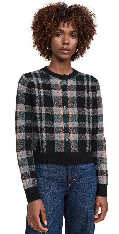Vince Plaid Cashmere Cardigan Black Combo