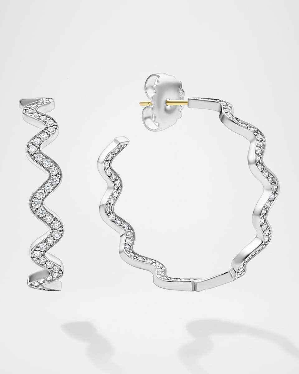 Sterling Silver Caviar Spark Diamond Wave Hoop Earrings, 35mm