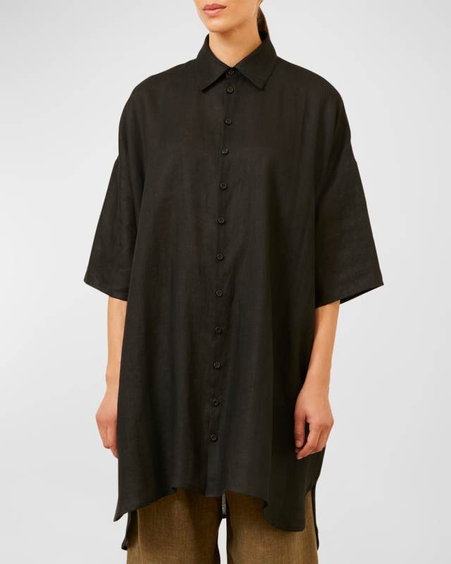 Sloped-Shoulder Wide A-Line Short-Sleeve Shirt With Collar (Very Long)