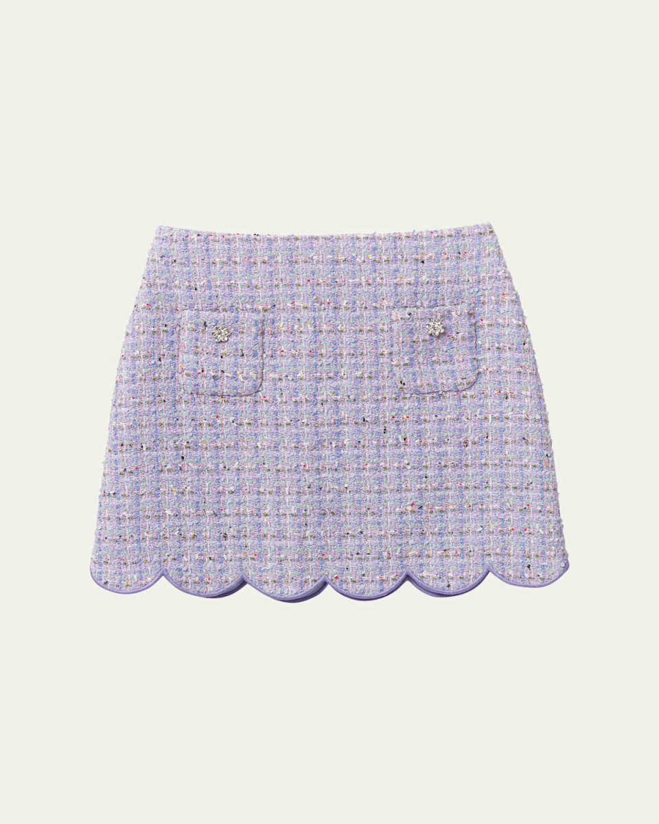 Girl's Boucle Scallop-Trim Mini Skirt, Size 3T