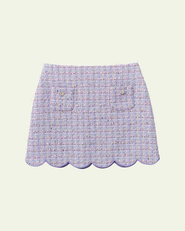Girl's Boucle Scallop-Trim Mini Skirt, Size 3T
