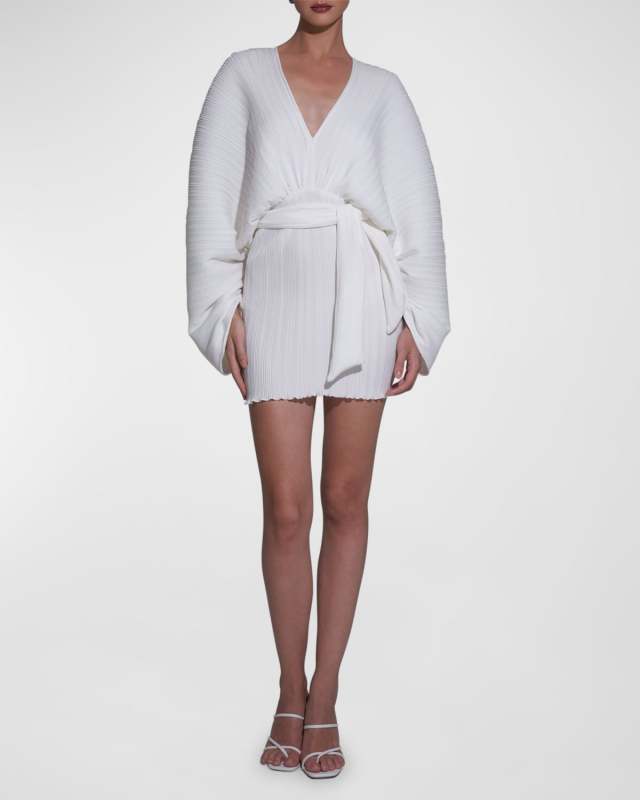 Galerie Pleated Crepe V-Neck Mini Dress