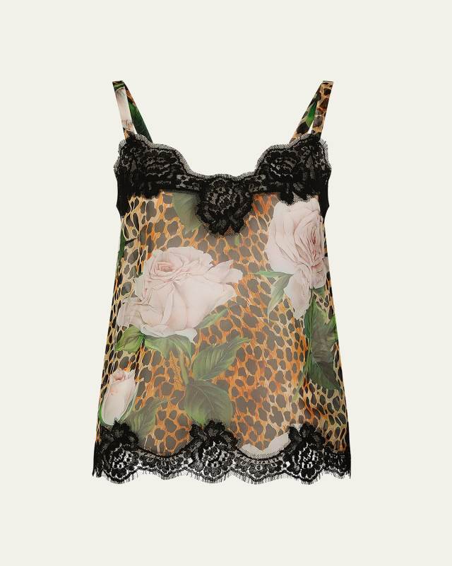 Ocelot-Print Lace-Trim Chiffon Top