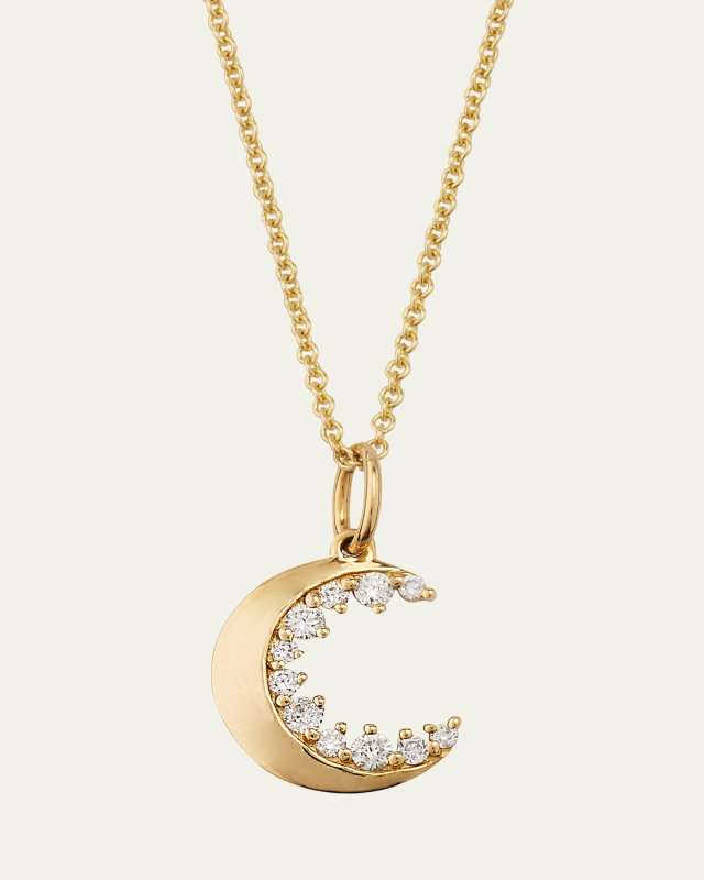 14K Yellow Gold Small Cocktail Diamond Crescent Moon Charm Necklace