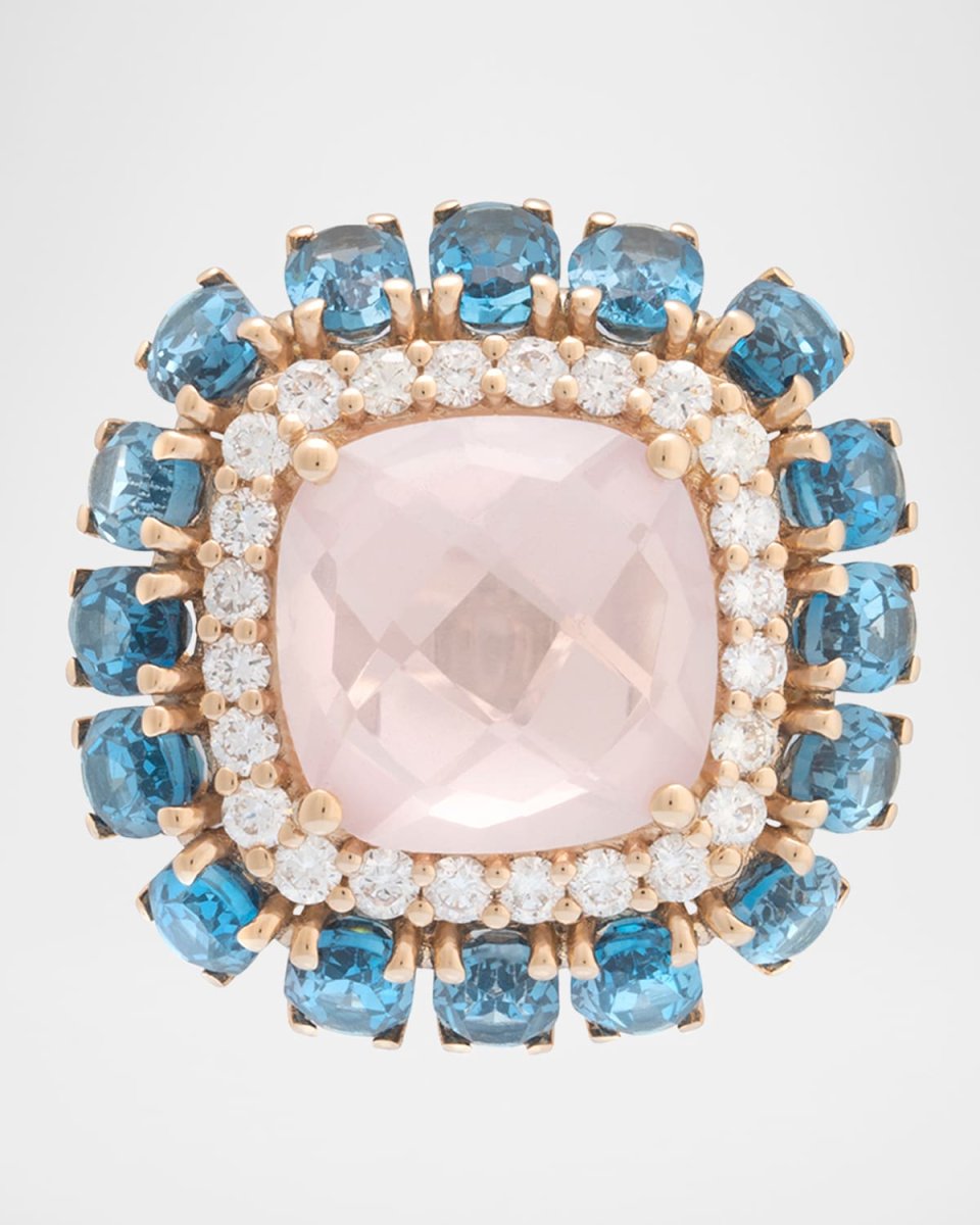 18K Rose Gold Diamond, Blue Topaz, and Rose Quartz Statement Ring