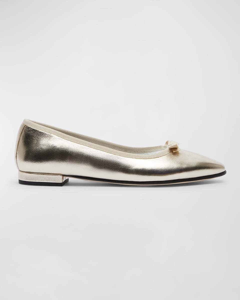 Metallic Bow Square-Toe Ballerina Flats