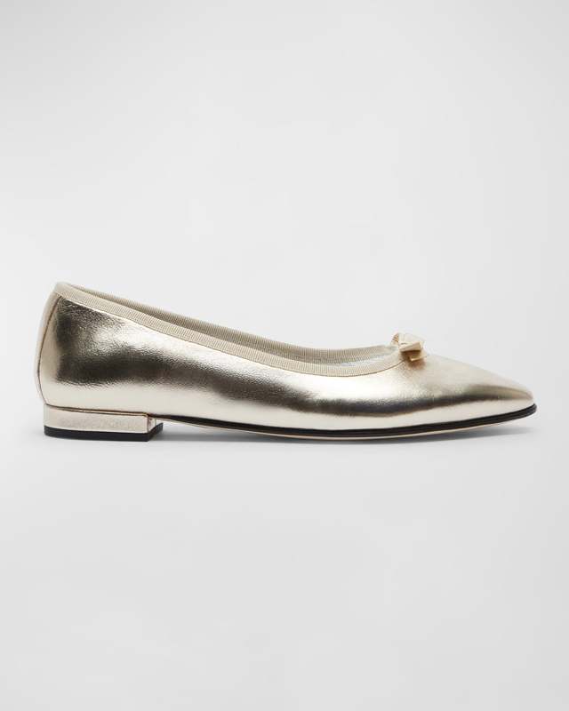 Metallic Bow Square-Toe Ballerina Flats