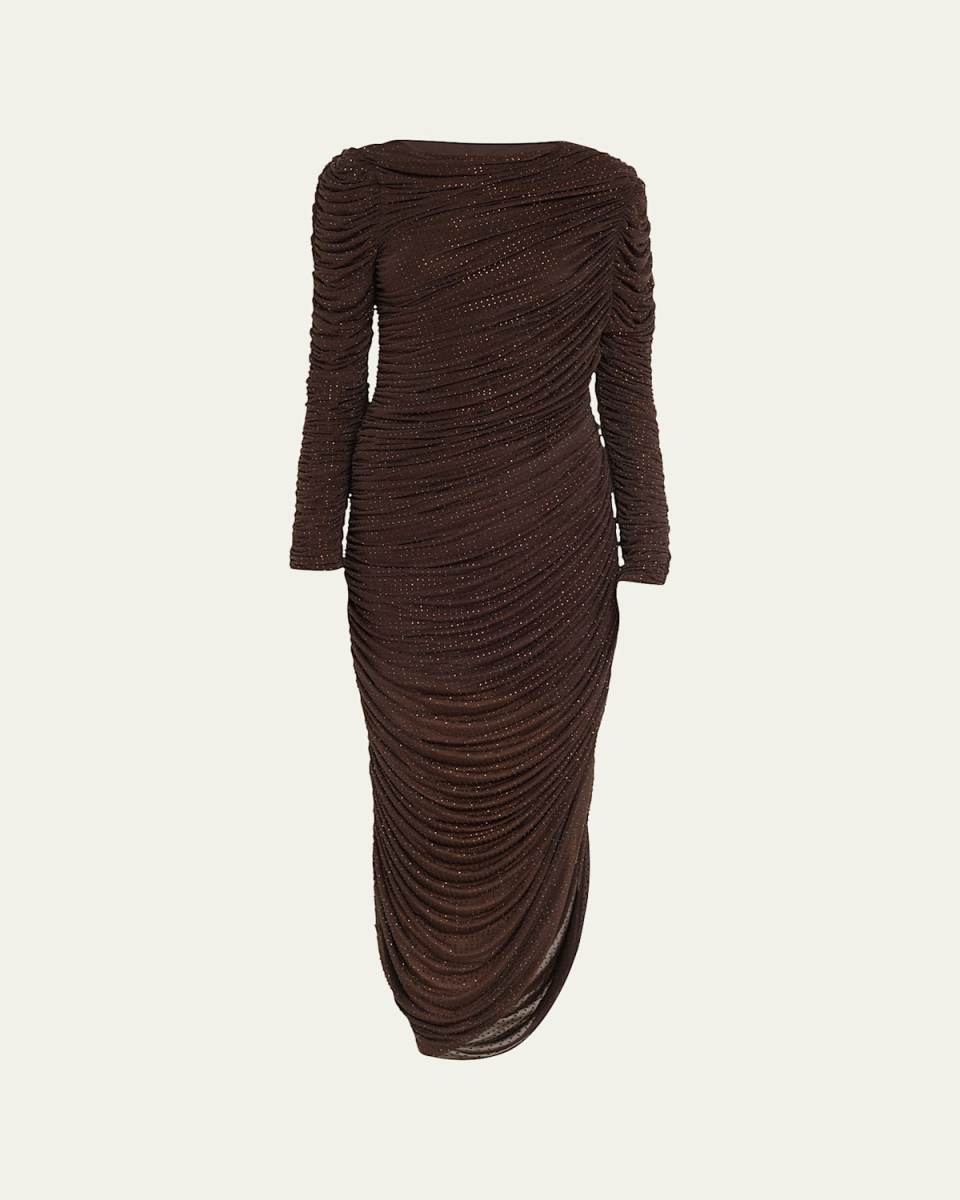 Sanders Asymmetric Ruched Rhinestone Midi Dress